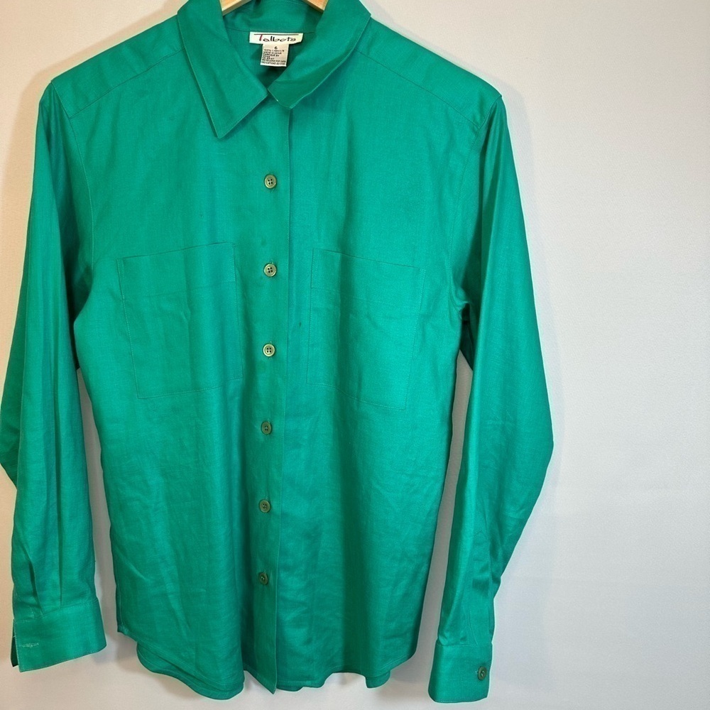 Talbots Womens Shirt Button Up Kelly Green 100% Linen Long Sleeve Pockets Size 6